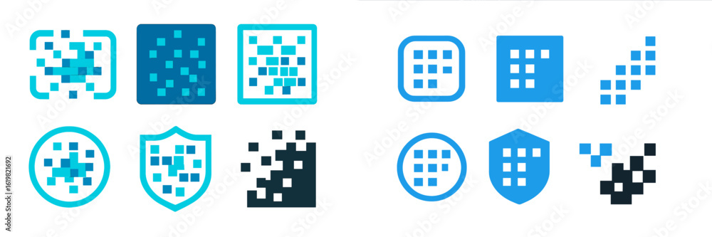 Poster various blue abstract pixelated designs representing technology and digital concepts in a modern sty
