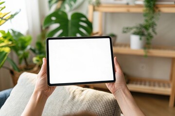 A person holds a tablet with a blank white screen indoors
