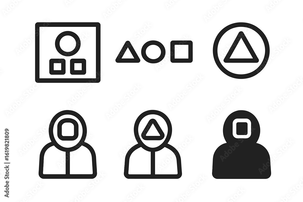Poster unique abstract icons and figures showcasing geometric shapes and human forms in a minimal design la