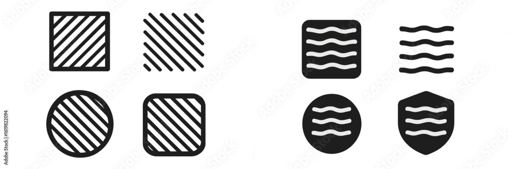 Poster various geometric patterns displayed in black and white, showcasing different textures and shapes fo
