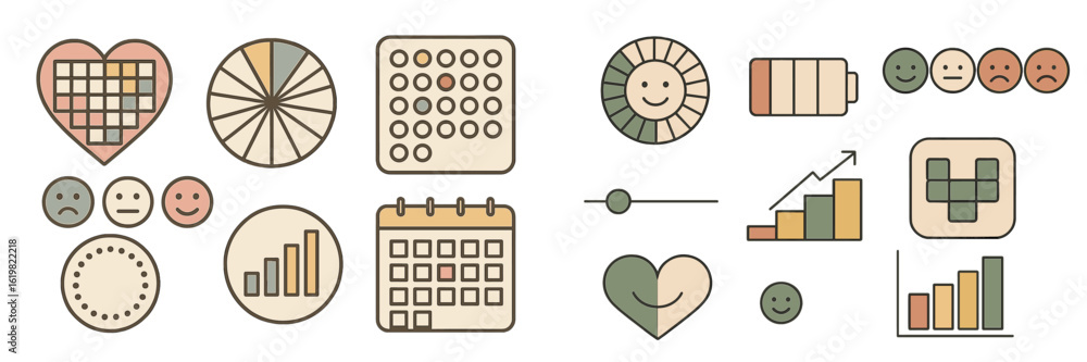 Poster abstract icons and symbols representing emotions, data analysis, and time management in a flat desig