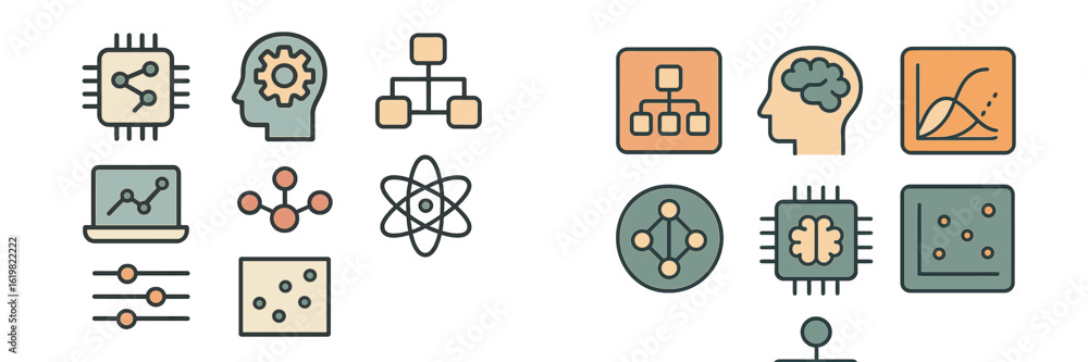 Aufkleber diverse set of technology and brain icon designs for digital and analytical concepts in modern appli