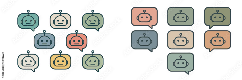Poster robots in speech bubbles represent communication and technology trends in modern design graphics