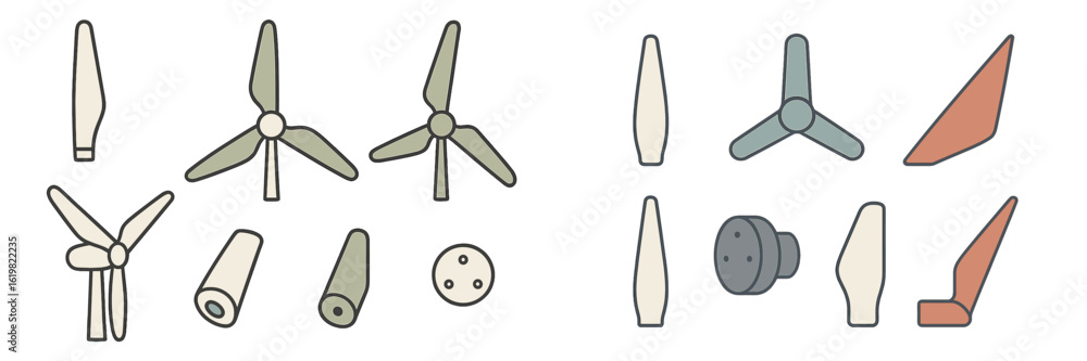Poster design elements for renewable energy wind turbine components displayed on a clean background in a mi