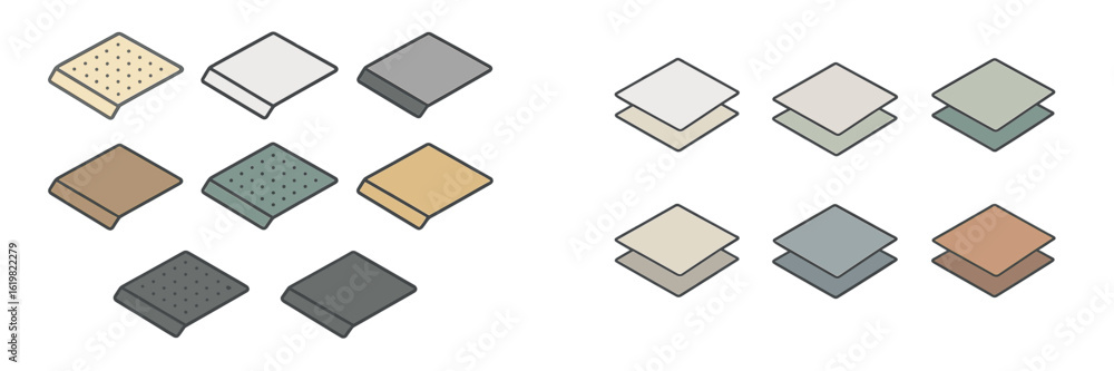 Poster colorful and varied geometric shapes arranged in a grid pattern showcasing different textures and to