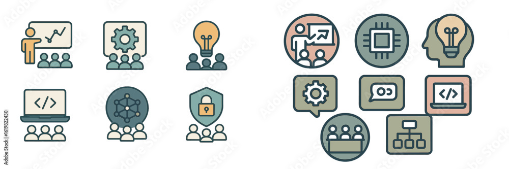 Aufkleber collection of educational icons illustrating various concepts in technology and teamwork during a co