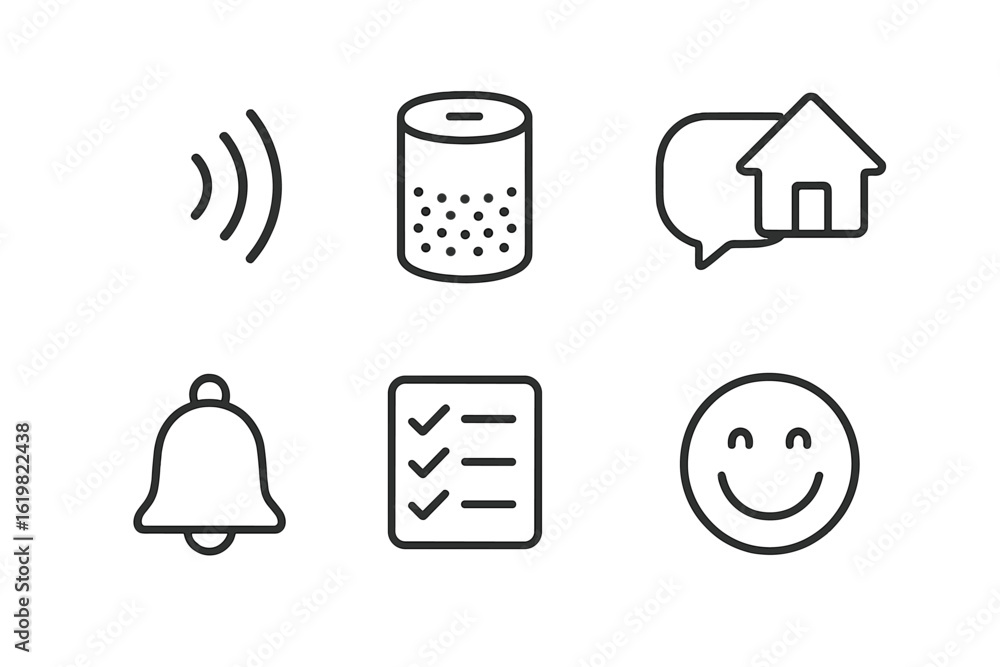 Poster icon set depicting communication, notifications, and user interaction with a focus on simplicity and