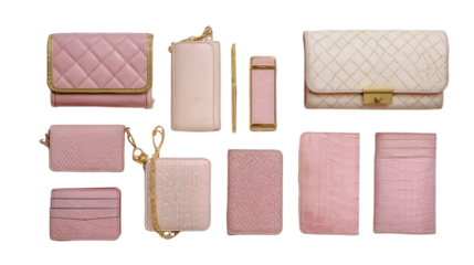 Designer Handbags and Wallets: A flat lay of designer handbags paired with matching wallets, isolated on a Transparent background, PNG file.