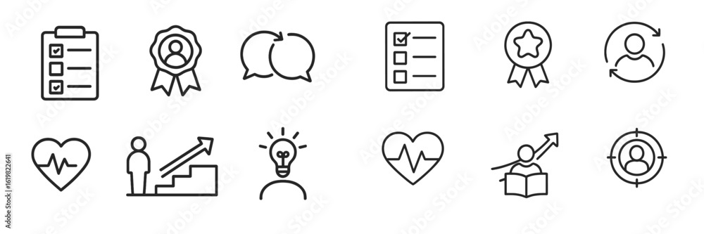 Poster icons representing various aspects of personal development and achievement in a minimalistic design 