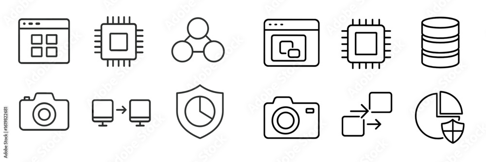 Poster icon collection illustrating technology concepts such as data processing, networking, and security m