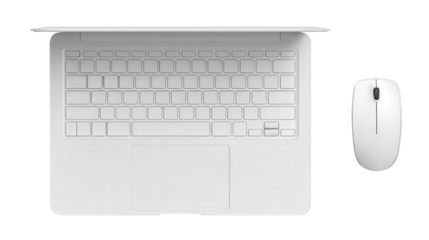 Designer Laptop and Wireless Mouse: A flat lay of a designer laptop and wireless mouse, isolated on a Transparent background, PNG file.
