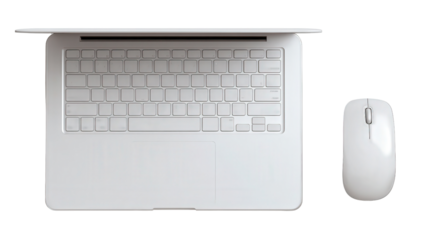 Designer Laptop and Wireless Mouse: A flat lay of a designer laptop and wireless mouse, isolated on a Transparent background, PNG file.