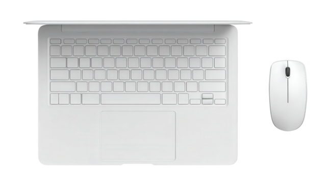 Designer Laptop and Wireless Mouse: A flat lay of a designer laptop and wireless mouse, isolated on a Transparent background, PNG file.