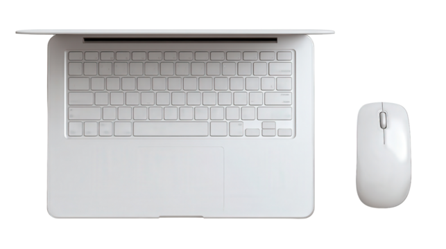 Designer Laptop and Wireless Mouse: A flat lay of a designer laptop and wireless mouse, isolated on a Transparent background, PNG file.