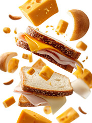 A Realistic Photo of Cheese Sandwich Ingredients with Flying on Transparent Background