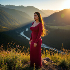 Elegant Tall Woman in Flowing Dress Amid Natural Landscape — Authentic Outdoor Portrait, Cinematic Hourglass Silhouette