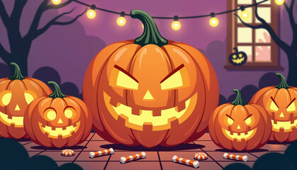 Jack o'lanterns glowing at Halloween party