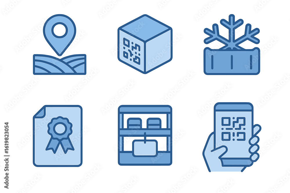 Poster digital symbols representing location, scanning, and verification in modern applications across vari