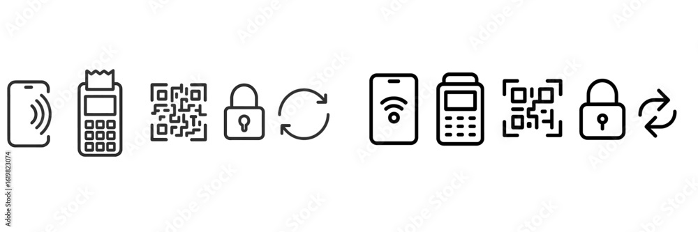 Poster modern technology symbols representing digital payment methods and security features in financial tr