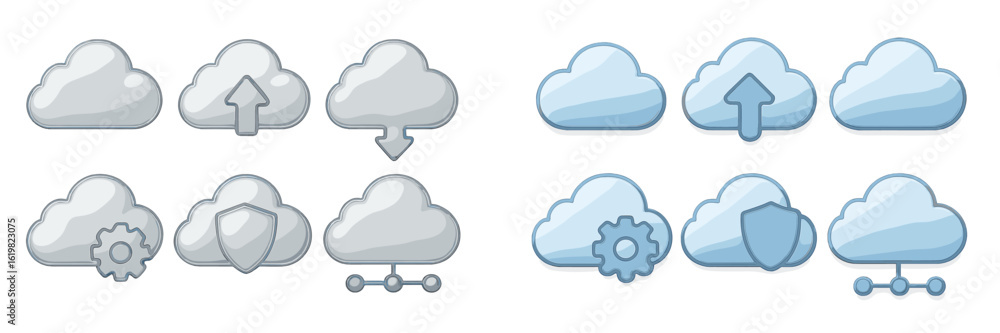 Poster cloud storage icons displaying upload, download, settings, and security features in various styles