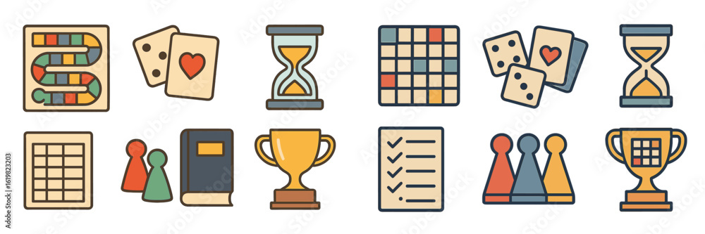 Poster various board game icons showcasing different types of games and activities for entertainment and le