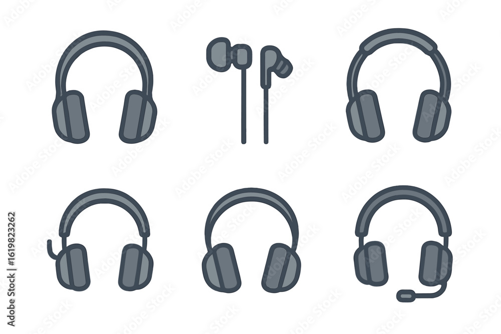 Poster different types of headphones and earphones displayed in a simple layout for audio enthusiasts and t