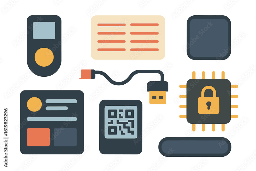 Poster collection of digital security and technology items on a flat surface showcasing various components 