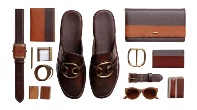 Designer Shoe and Accessories: A flat lay of designer shoes paired with matching accessories like belts and wallets, isolated on a Transparent background, PNG file.