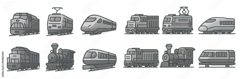 Poster various train designs showcasing different types and styles in a minimalistic illustration format