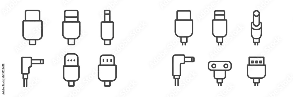 Poster different types of electronic connectors and cables for various devices in a minimalistic style