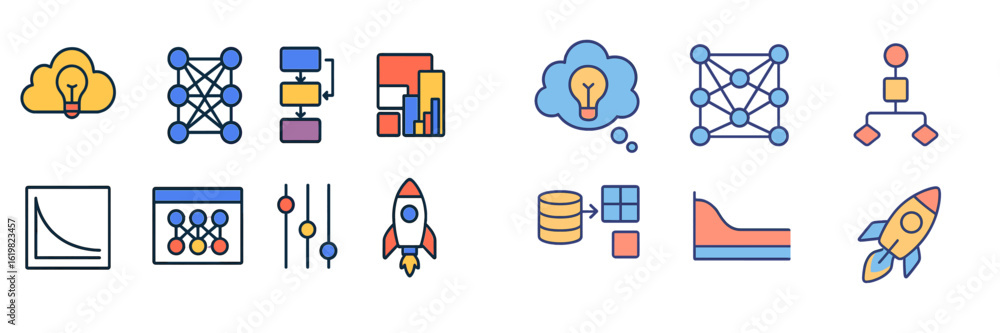 Poster exploring various icons of data science and machine learning concepts, featuring neural networks and