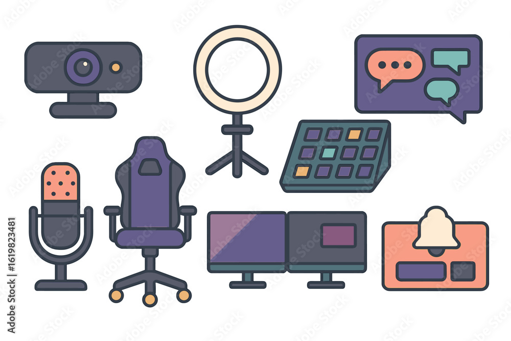 Poster various digital equipment and accessories for streaming and content creation in a modern setup
