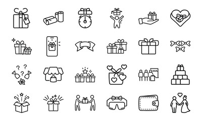 Gift and Celebration Icon Bundle – Present Boxes, Tags, Bows, Wallet, Shopping, Loyalty Rewards, Love, and Surprise Line Icons for Holidays, Events, and Ecommerce UI