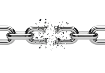 Robust, polished chrome-plated metal chain with a central link dramatically shattered into dynamic flying fragments on a transparent background with copy space, concept of breaking free