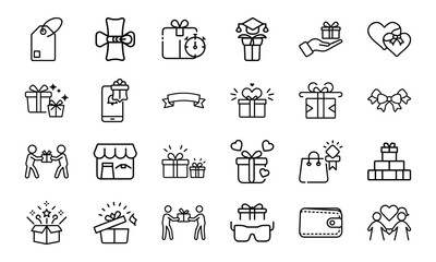 Gift and Celebration Icon Bundle – Present Boxes, Tags, Bows, Wallet, Shopping, Loyalty Rewards, Love, and Surprise Line Icons for Holidays, Events, and Ecommerce UI