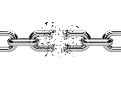 Robust, polished chrome-plated metal chain with a central link dramatically shattered into dynamic flying fragments on a transparent background with copy space, concept of breaking free