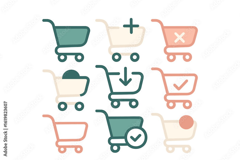 Poster shopping cart icons representing various actions and statuses in an online retail environment