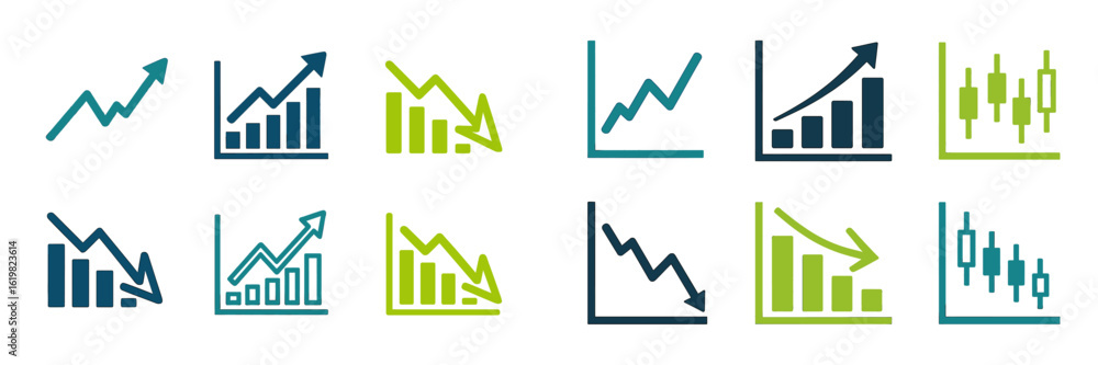 Poster data visualization graphics showcasing various trends in financial markets with arrows indicating ri