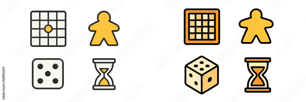 Poster game tokens and dice arranged on a white background showcasing various board game elements and acces