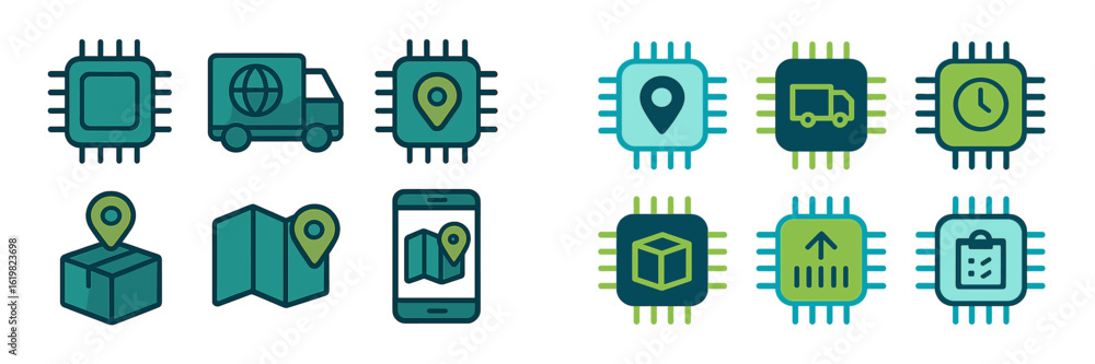 Poster diverse icons representing logistics, delivery, and technology in a modern design suitable for web a