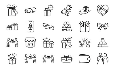 Gift and Celebration Icon Bundle – Present Boxes, Tags, Bows, Wallet, Shopping, Loyalty Rewards, Love, and Surprise Line Icons for Holidays, Events, and Ecommerce UI