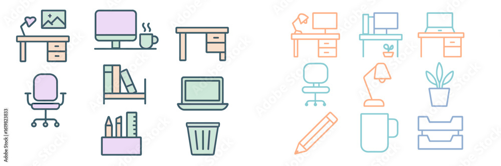 Poster collection of modern office icons representing diverse work elements and tools in a minimalist desig