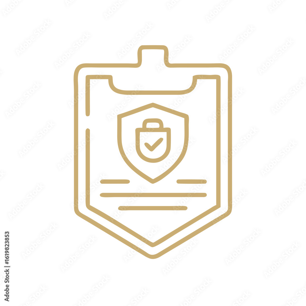 Poster security badge icon with shield and lock design in gold outline