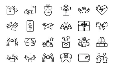 Gift and Celebration Icon Bundle – Present Boxes, Tags, Bows, Wallet, Shopping, Loyalty Rewards, Love, and Surprise Line Icons for Holidays, Events, and Ecommerce UI