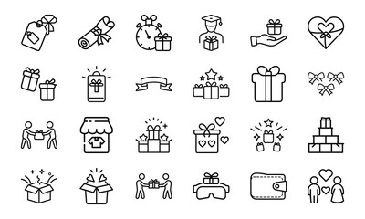 Gift and Celebration Icon Bundle – Present Boxes, Tags, Bows, Wallet, Shopping, Loyalty Rewards, Love, and Surprise Line Icons for Holidays, Events, and Ecommerce UI
