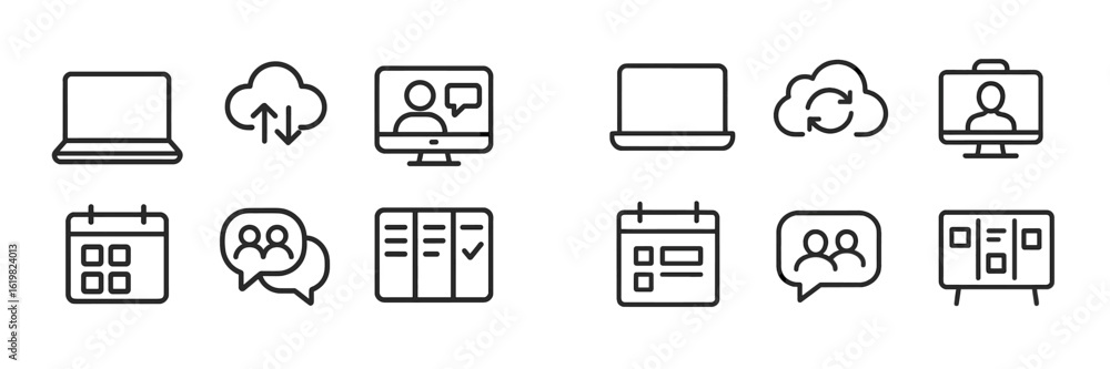 Poster collection of digital communication and scheduling icons reflecting modern online collaboration and 