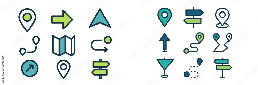 Poster collection of navigation icons showcasing various symbols for maps, routes, and directions in a mode