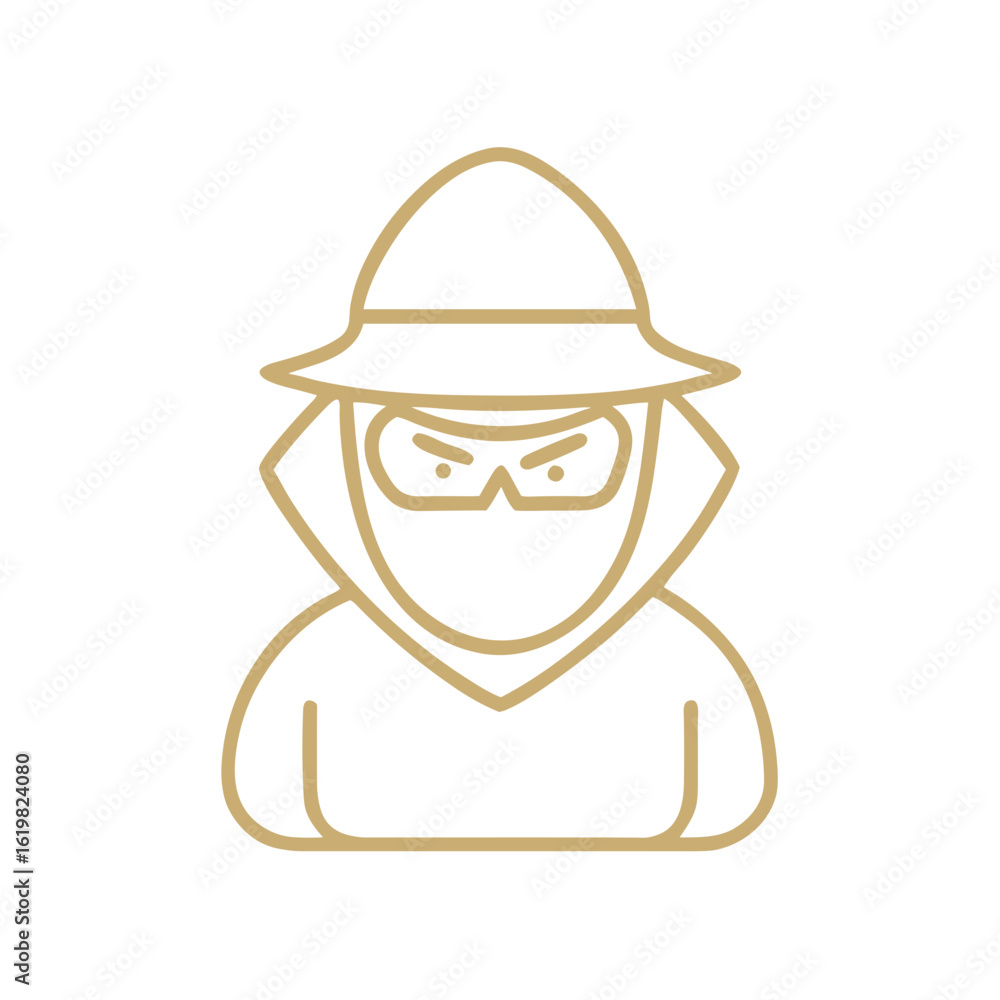 Poster icon of hacker with mask and hat in minimal outline style