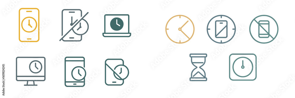 Poster icons representing time management and digital device usage in a modern workspace environment
