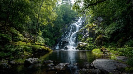 Fototapeta premium Majestic waterfall cascading down rocks surrounded by lush greenery in a serene forest setting